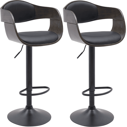 Conjunto de 2 banquetas altas com pés em metal preto em formato de trombeta e assentos em madeira cinza e couro sintético preto TDB10765