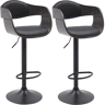 Conjunto de 2 banquetas altas com pés em metal preto em formato de trombeta e assentos em madeira cinza e couro sintético preto TDB10765