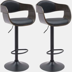 Conjunto de 2 banquetas altas com pés em metal preto em formato de trombeta e assentos em madeira cinza e couro sintético preto TDB10765