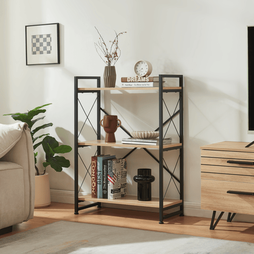 Estante de pé Skørping 3 prateleiras metal 90x65x30cm Preto  Efeito carvalho en.casa