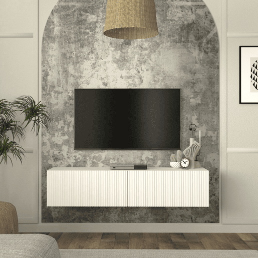 Mesa baixa para TV suspensa Verpsboga com 2 portas 135x32x30 cm Branco en.casa