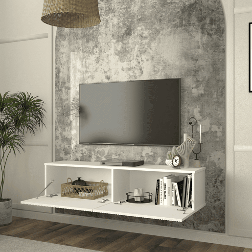 Mesa baixa para TV suspensa Verpsboga com 2 portas 135x32x30 cm Branco en.casa