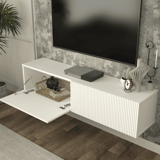 Mesa baixa para TV suspensa Verpsboga com 2 portas 135x32x30 cm Branco en.casa