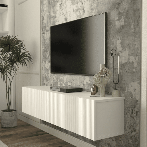 Mesa baixa para TV suspensa Verpsboga com 2 portas 135x32x30 cm Branco en.casa