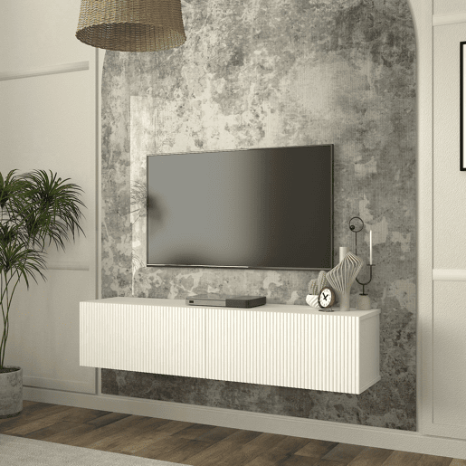 Mesa baixa para TV suspensa Verpsboga com 2 portas 135x32x30 cm Branco en.casa