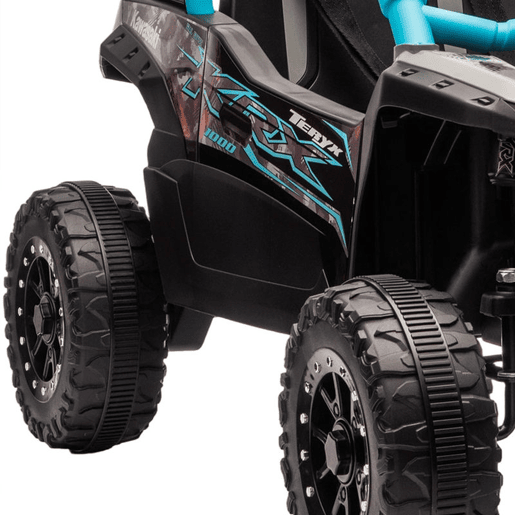 AIYAPLAY Carro Elétrico para Crianças 12V Kawasaki Teryx KRX 1000 Carro a Bateria UTV com 2 Motores Controlo Remoto 2,4G Suspensão Traseira Faróis USB para Crianças acima de 3 Anos 100x64x56 cm Azul