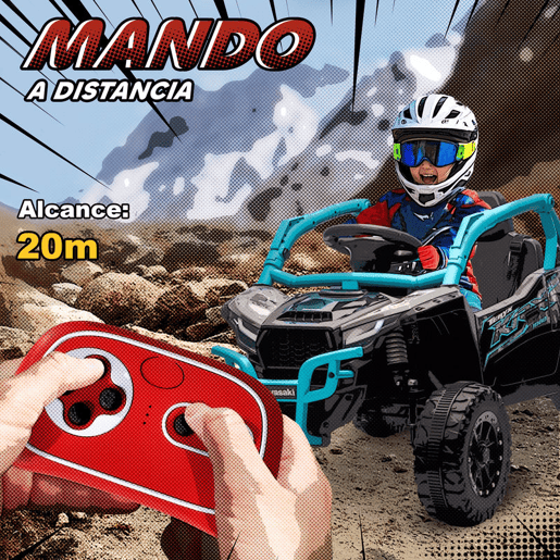 AIYAPLAY Carro Elétrico para Crianças 12V Kawasaki Teryx KRX 1000 Carro a Bateria UTV com 2 Motores Controlo Remoto 2,4G Suspensão Traseira Faróis USB para Crianças acima de 3 Anos 100x64x56 cm Azul