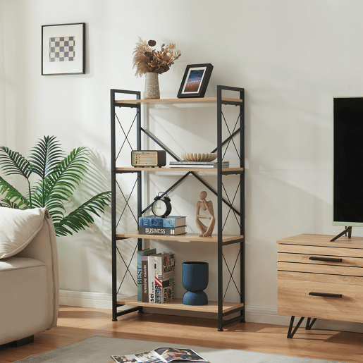 Estante de pé Skørping 4 prateleiras metal 125x65x30cm Preto  Efeito carvalho en.casa