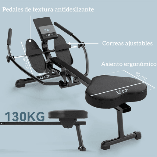 SPORTNOW Máquina de Remo para Casa 12 Níveis de Resistência Hidráulica Máquina de Remo com Ecrã LCD para Treino de Fitness em Casa ou Ginásio Capacidade 130 kg Preto