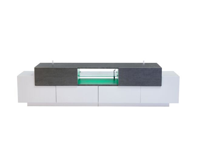 Mueble TV 180 cm de panel de partículas con 4 puertas,2 cajones y luz led,blanco+gris