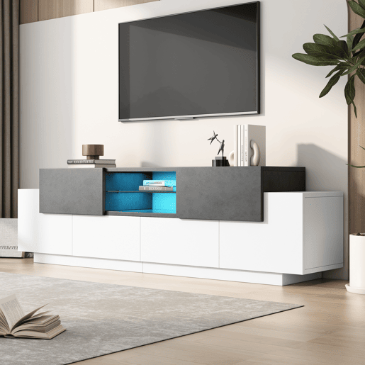 Móvel de TV 180 cm de painel de partículas com 4 portas,2 gavetas e luz led,branco+gris