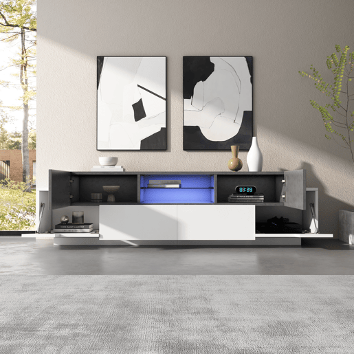 Móvel de TV 180 cm de painel de partículas com 4 portas,2 gavetas e luz led,branco+gris