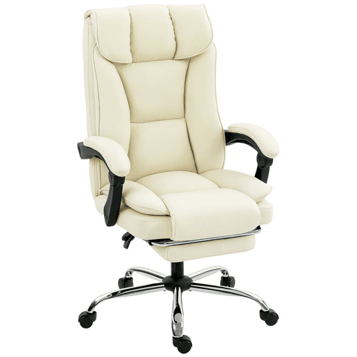 HOMCOM Cadeira de Escritório com Apoio para os Pés Giratória Cadeira para Secretária com Encosto Reclinável Acolchoado Duplo Espesso Revestida em Couro Sintético e Altura Ajustável 66x72x113-121 cm Bege