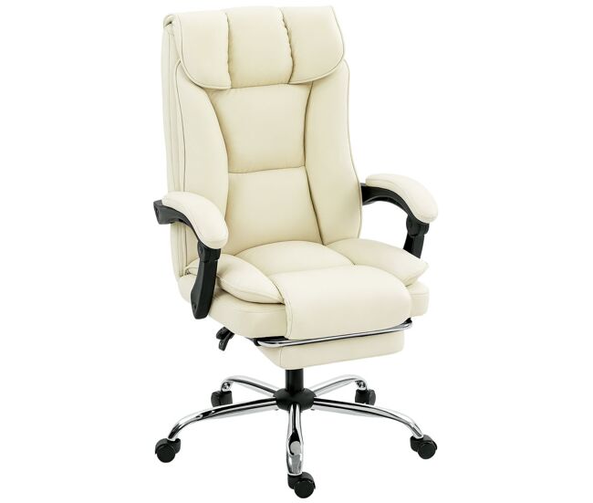 Homcom silla de escritorio con reposapiés, silla de oficina giratoria, con respaldo reclinable y alto, acolchado grueso doble, tapizada en cuero sintético resistente, altura ajustable, beige