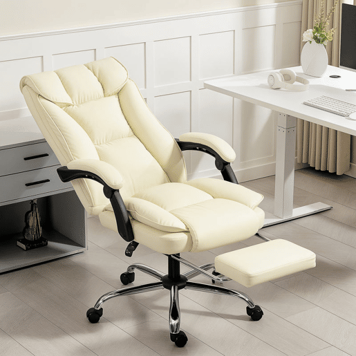 HOMCOM Cadeira de Escritório com Apoio para os Pés Giratória Cadeira para Secretária com Encosto Reclinável Acolchoado Duplo Espesso Revestida em Couro Sintético e Altura Ajustável 66x72x113-121 cm Bege