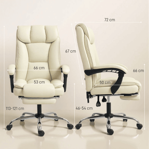 HOMCOM Cadeira de Escritório com Apoio para os Pés Giratória Cadeira para Secretária com Encosto Reclinável Acolchoado Duplo Espesso Revestida em Couro Sintético e Altura Ajustável 66x72x113-121 cm Bege