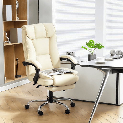 HOMCOM Cadeira de Escritório com Apoio para os Pés Giratória Cadeira para Secretária com Encosto Reclinável Acolchoado Duplo Espesso Revestida em Couro Sintético e Altura Ajustável 66x72x113-121 cm Bege