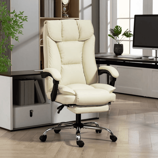 HOMCOM Cadeira de Escritório com Apoio para os Pés Giratória Cadeira para Secretária com Encosto Reclinável Acolchoado Duplo Espesso Revestida em Couro Sintético e Altura Ajustável 66x72x113-121 cm Bege
