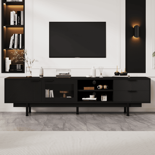 Móvel de TV 200 cm de painel de partículas com 2 portas e 2 gavetas,preto