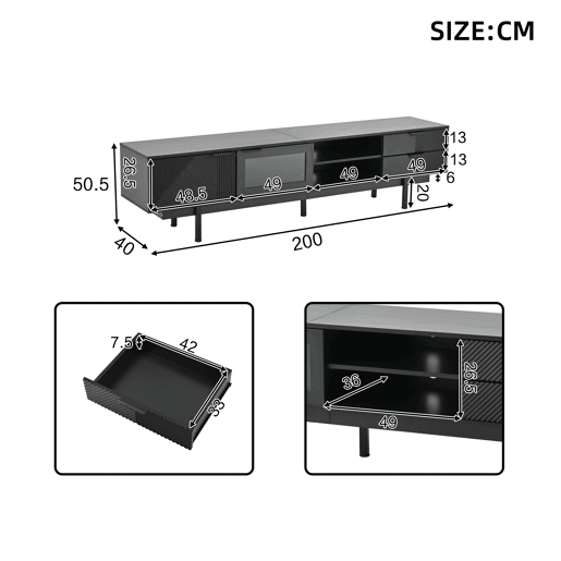 Móvel de TV 200 cm de painel de partículas com 2 portas e 2 gavetas,preto