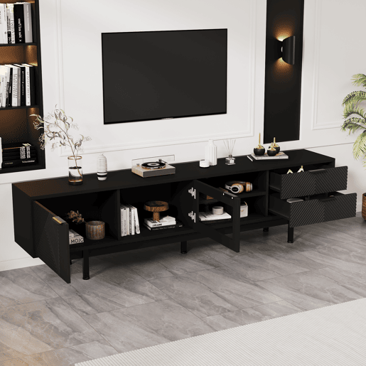 Móvel de TV 200 cm de painel de partículas com 2 portas e 2 gavetas,preto