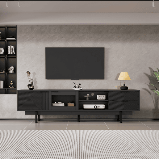 Móvel de TV 200 cm de painel de partículas com 2 portas e 2 gavetas,preto