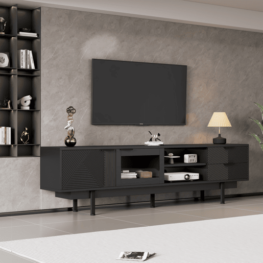 Móvel de TV 200 cm de painel de partículas com 2 portas e 2 gavetas,preto
