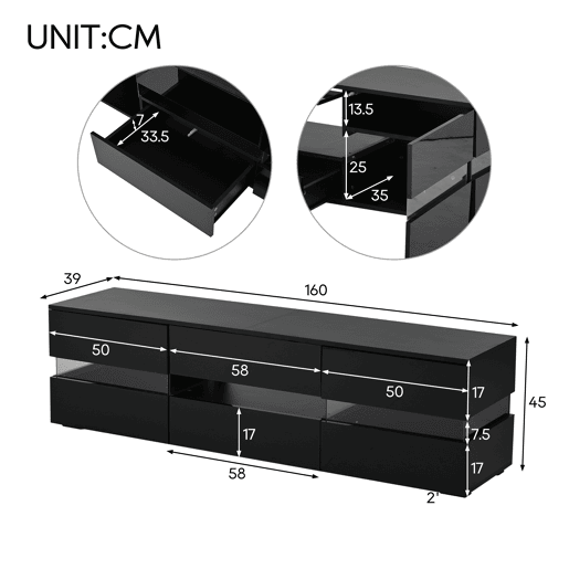 Móvel de TV 160 cm de painel de partículas com 2 portas,1 gaveta e luz led,preto
