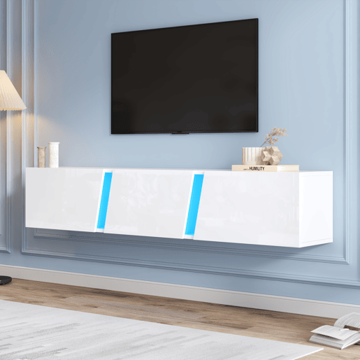Móvel de TV de parede 180 cm de painel de partículas com 3 portas e luz led,branco