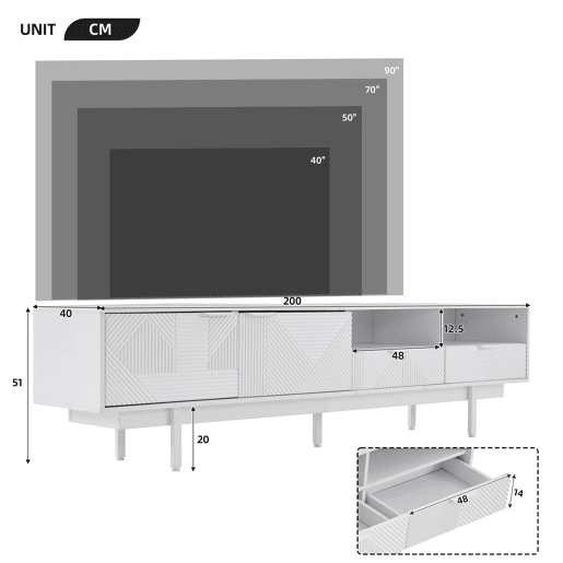 Móvel de TV 200 cm de painel de partículas com 2 portas e 2 gavetas,branco