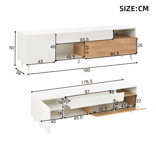 Móvel de TV 120 cm de painel de partículas com 2 portas e 1 gavetae,branco+natural