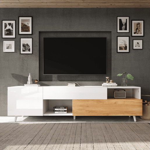 Móvel de TV 120 cm de painel de partículas com 2 portas e 1 gavetae,branco+natural