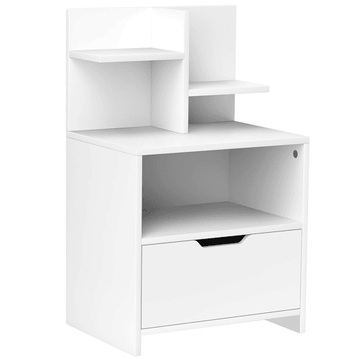HOMCOM Mesa de Cabeceira de Madeira Mesa de Cabeceira Moderna com Gaveta e Prateleiras de Armazenamento Mesa Auxiliar para Sala de Estar Dormitório 45x35x73 cm Branco
