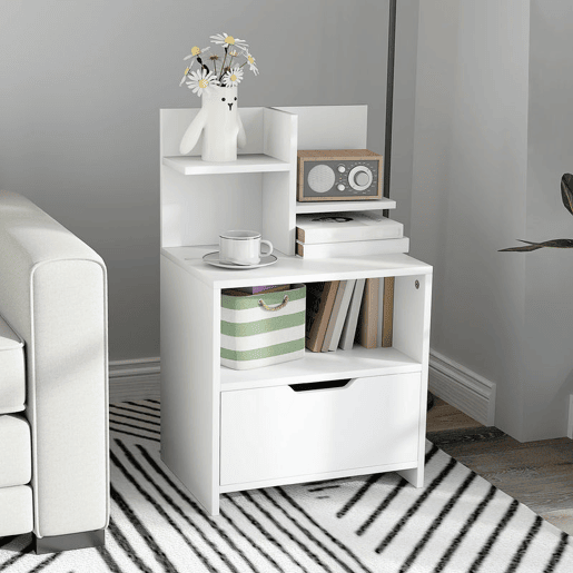 HOMCOM Mesa de Cabeceira de Madeira Mesa de Cabeceira Moderna com Gaveta e Prateleiras de Armazenamento Mesa Auxiliar para Sala de Estar Dormitório 45x35x73 cm Branco