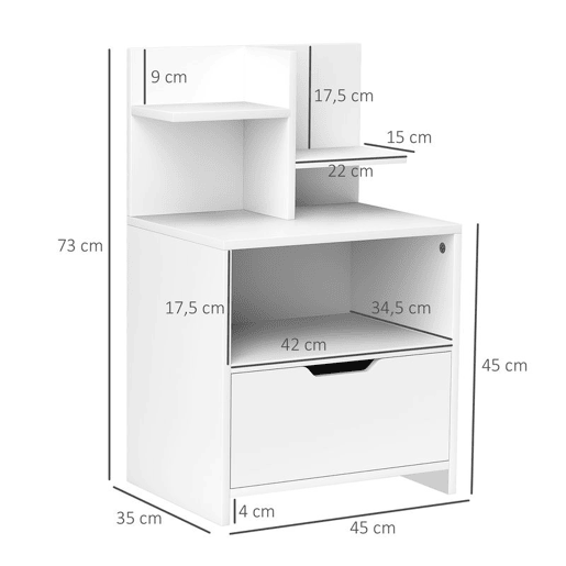 HOMCOM Mesa de Cabeceira de Madeira Mesa de Cabeceira Moderna com Gaveta e Prateleiras de Armazenamento Mesa Auxiliar para Sala de Estar Dormitório 45x35x73 cm Branco