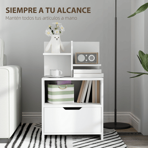 HOMCOM Mesa de Cabeceira de Madeira Mesa de Cabeceira Moderna com Gaveta e Prateleiras de Armazenamento Mesa Auxiliar para Sala de Estar Dormitório 45x35x73 cm Branco