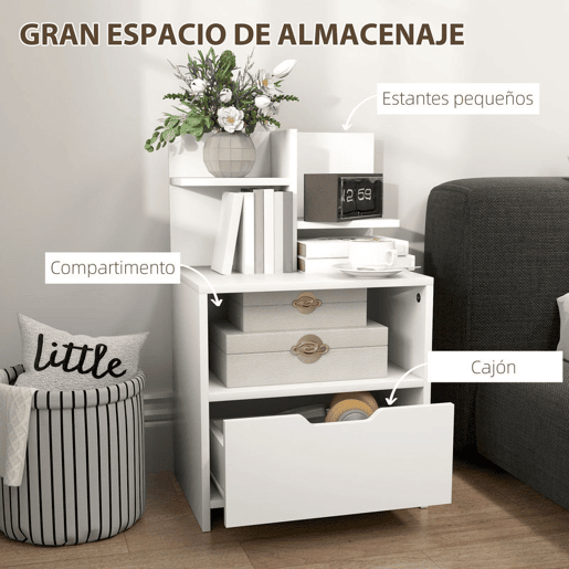HOMCOM Mesa de Cabeceira de Madeira Mesa de Cabeceira Moderna com Gaveta e Prateleiras de Armazenamento Mesa Auxiliar para Sala de Estar Dormitório 45x35x73 cm Branco