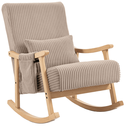 HOMCOM Cadeira de Baloiço, Cadeira de Veludo Cotelê com Almofada Lombar, Pernas e Apoios de Braço em Madeira, Assento Largo, Bolso Lateral, Estilo Moderno, Cadeira de Relaxamento, Suporte até 120 kg, para Quarto, Sala, Castanho Claro