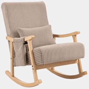 HOMCOM Cadeira de Baloiço, Cadeira de Veludo Cotelê com Almofada Lombar, Pernas e Apoios de Braço em Madeira, Assento Largo, Bolso Lateral, Estilo Moderno, Cadeira de Relaxamento, Suporte até 120 kg, para Quarto, Sala, Castanho Claro