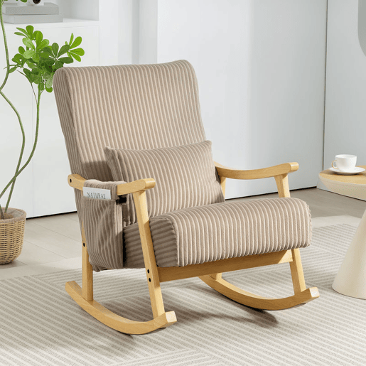 HOMCOM Cadeira de Baloiço, Cadeira de Veludo Cotelê com Almofada Lombar, Pernas e Apoios de Braço em Madeira, Assento Largo, Bolso Lateral, Estilo Moderno, Cadeira de Relaxamento, Suporte até 120 kg, para Quarto, Sala, Castanho Claro