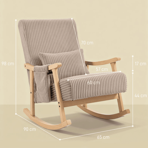 HOMCOM Cadeira de Baloiço, Cadeira de Veludo Cotelê com Almofada Lombar, Pernas e Apoios de Braço em Madeira, Assento Largo, Bolso Lateral, Estilo Moderno, Cadeira de Relaxamento, Suporte até 120 kg, para Quarto, Sala, Castanho Claro