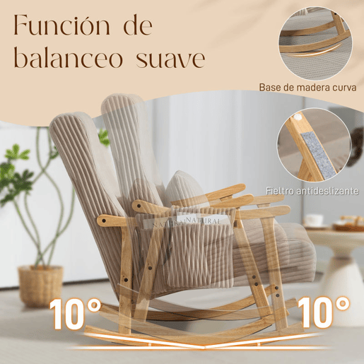 HOMCOM Cadeira de Baloiço, Cadeira de Veludo Cotelê com Almofada Lombar, Pernas e Apoios de Braço em Madeira, Assento Largo, Bolso Lateral, Estilo Moderno, Cadeira de Relaxamento, Suporte até 120 kg, para Quarto, Sala, Castanho Claro