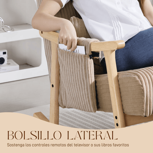 HOMCOM Cadeira de Baloiço, Cadeira de Veludo Cotelê com Almofada Lombar, Pernas e Apoios de Braço em Madeira, Assento Largo, Bolso Lateral, Estilo Moderno, Cadeira de Relaxamento, Suporte até 120 kg, para Quarto, Sala, Castanho Claro