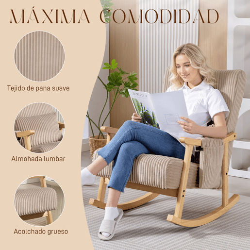 HOMCOM Cadeira de Baloiço, Cadeira de Veludo Cotelê com Almofada Lombar, Pernas e Apoios de Braço em Madeira, Assento Largo, Bolso Lateral, Estilo Moderno, Cadeira de Relaxamento, Suporte até 120 kg, para Quarto, Sala, Castanho Claro