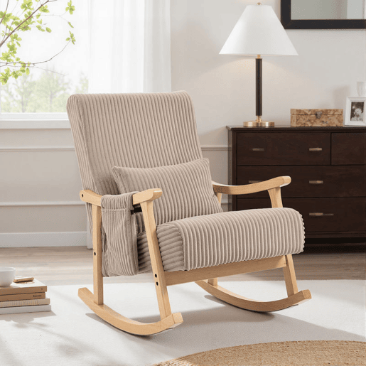 HOMCOM Cadeira de Baloiço, Cadeira de Veludo Cotelê com Almofada Lombar, Pernas e Apoios de Braço em Madeira, Assento Largo, Bolso Lateral, Estilo Moderno, Cadeira de Relaxamento, Suporte até 120 kg, para Quarto, Sala, Castanho Claro