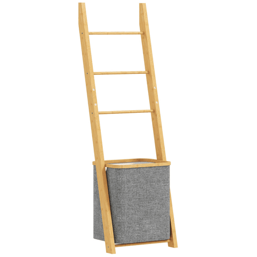 HOMCOM Estante para Casa de Banho de Bambu Toalheiro de Pé com 3 Barras e Cesto para Roupa Suja Removível de 48 L para Quarto Lavandaria 43x35x133 cm Cinzento