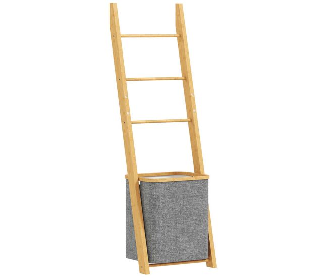 Homcom estantería para baño de bambú, 2 en 1, toallero de pie con 3 barras, cesto para ropa sucia extraíble de 48 l, para dormitorio, lavadero, gris