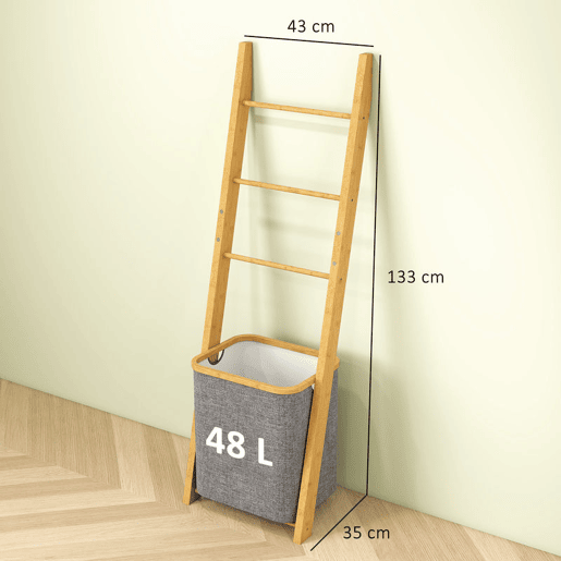 HOMCOM Estante para Casa de Banho de Bambu Toalheiro de Pé com 3 Barras e Cesto para Roupa Suja Removível de 48 L para Quarto Lavandaria 43x35x133 cm Cinzento