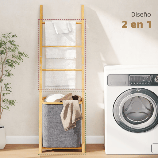 HOMCOM Estante para Casa de Banho de Bambu Toalheiro de Pé com 3 Barras e Cesto para Roupa Suja Removível de 48 L para Quarto Lavandaria 43x35x133 cm Cinzento