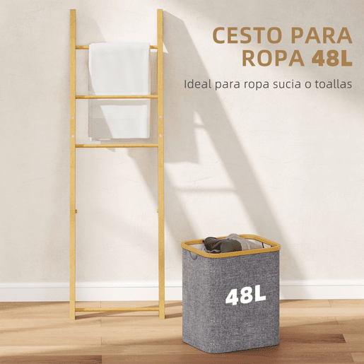 HOMCOM Estante para Casa de Banho de Bambu Toalheiro de Pé com 3 Barras e Cesto para Roupa Suja Removível de 48 L para Quarto Lavandaria 43x35x133 cm Cinzento